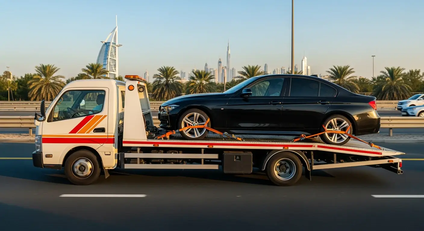 Black sedan carried on the deck of a flatbed tow truck on a Dubai road
