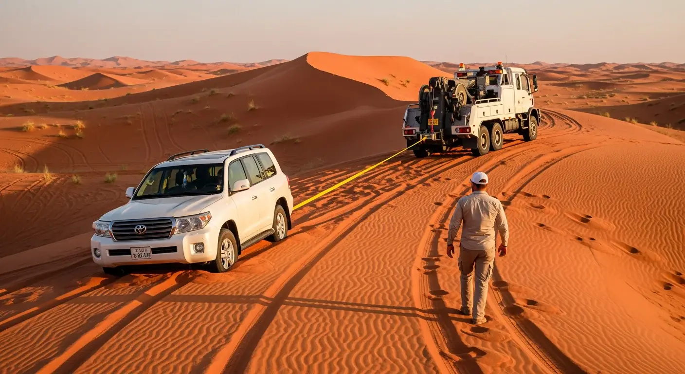 White Land Cruiser on a Dubai dune with a recovery truck and tracks in the orange sand