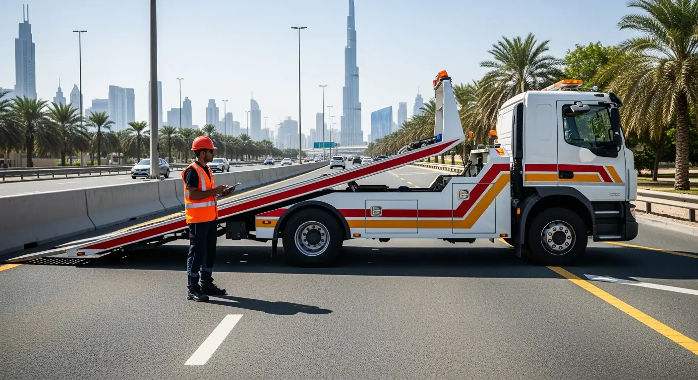 Recovery flatbed truck with its deck tilted on a Dubai road, operator in orange hi-vis vest standing beside it